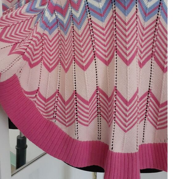 Burgess V-Neck Pom CottnSilk Blend Pink Blue Chevron Knit Poncho Sweater NWT $70 - Picture 9 of 16